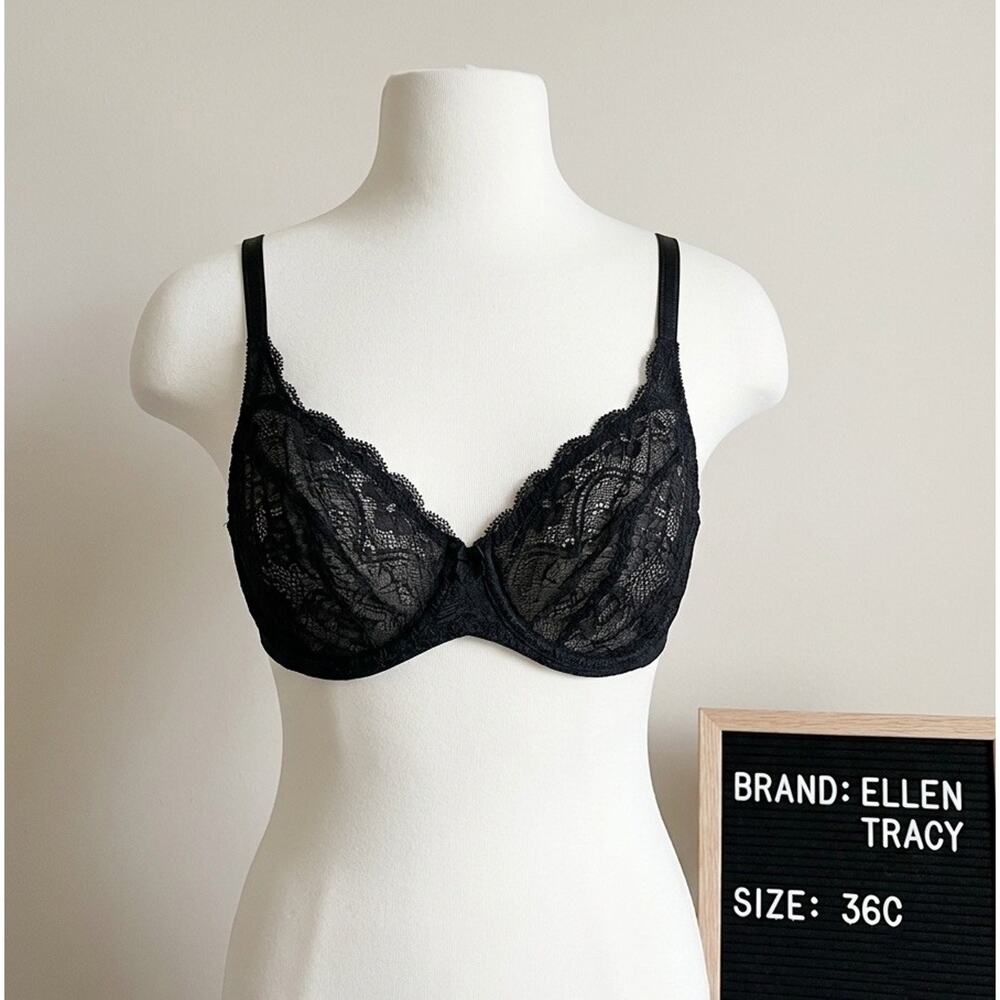 Ellen Tracy 36C Bra Black Sheer Lace Underwire Unlined Style 59412